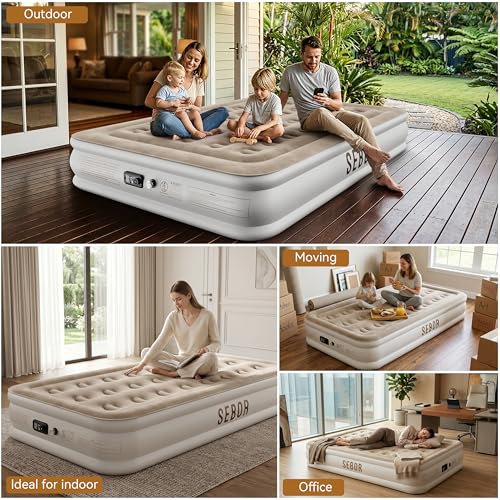 Sebor 13-inch Twin XL Air Mattress with Built-in Pump - Khaki White, Self-Inflating, Durable Guest & Camping Bed