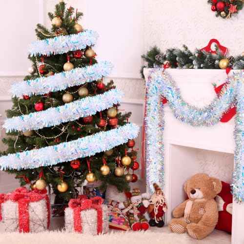 DIYDEC 26.2FT Christmas Tinsel Garland Shiny Iridescent White Garland Christmas Glitter Foil Metallic Twist Hanging Garlands for Xmas Tree Fireplace Home Party Decoration