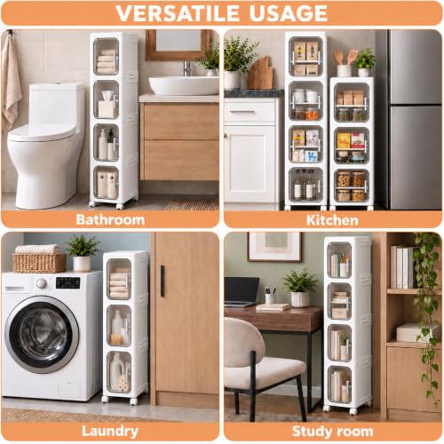 Narrow Slim Bathroom Storage Cabinet with Wheels - 4-Tier White, Foldable & Adjustable Shelves