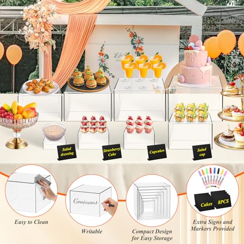Qinzave 8-Piece Clear Acrylic Buffet Risers Set with Mini Signs, 8 Sizes