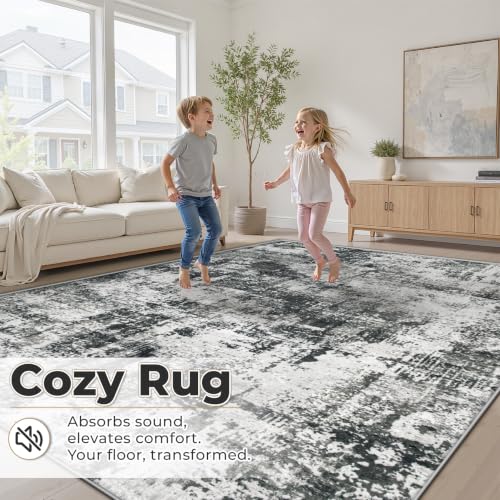 MXSANYOO 9x12 Black Grey Washable Area Rug Non-Slip Stain-Resistant Low Pile Modern Carpet for Dining & Bedroom