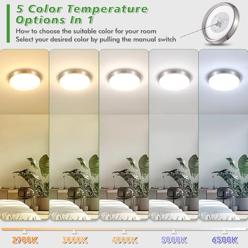 13 Inch Brushed Nickel Flush Mount Ceiling Light 2 Pack - Dimmable LED Fixture with 5 Color Temperatures