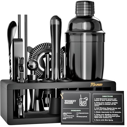Black Stainless Steel Cocktail Shaker Set with Wood Stand - 15 Piece Bartender Kit - Gun Metal/Black