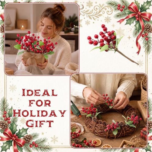 Cindeer Classic 24Pcs Artificial Red Berries Holly Stem Decor for Christmas