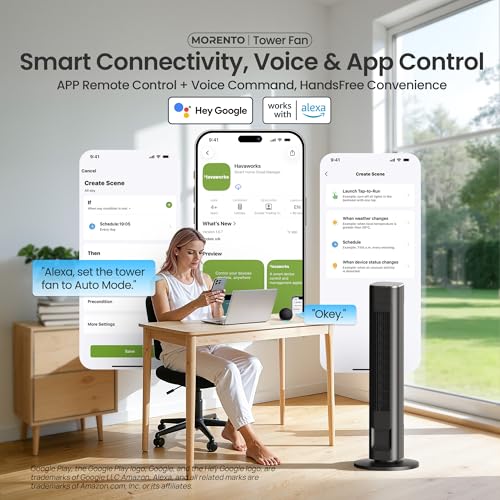 MORENTO 36-Inch Black Smart Tower Fan with Remote, WiFi/App/Voice Control