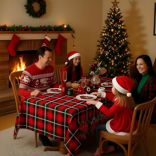 Joyfol Day 78" x 54" Christmas Buffalo Plaid Tablecloth - Red/Green, Stain-Resistant