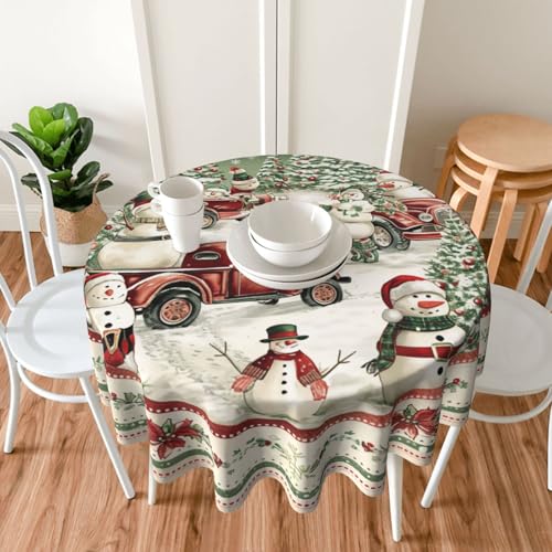 DEKIFNHG 60" Christmas Round Tablecloth - Snowman Truck Tree Holiday Party Decor