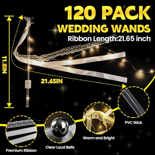 120PCS LED Wedding Wands - Reusable Fairy Light Up Sparklers for Wedding Send Off - White Ribbons & 3 Modes
