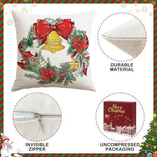 Artscope Christmas Oh Holy Night Merry Bright Jesus Wreath Throw Pillow Covers 18x18 Inch Set of 4, Winter Hoilday Christmas Decoration Pillow Cases for Home Sofa Couch Decor-Red