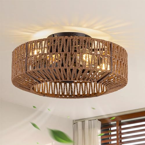 Dark Brown Rattan Ceiling Fan with Lights and Remote Control - Boho Fandelier 18 Inch