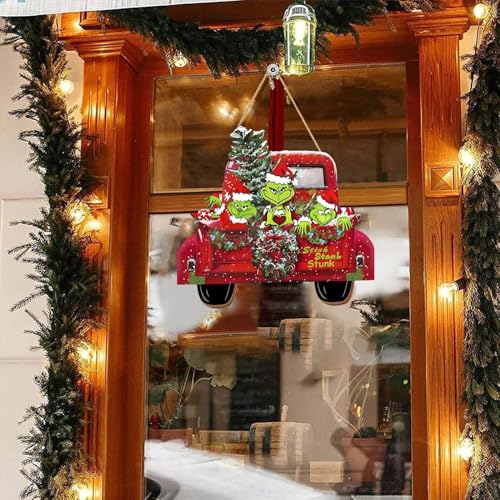 Bpwasxda Christmas Door Sign Green Truck Wreath, Wooden Wall Hanging, Front Door Decor 12.6 x 11.8 in