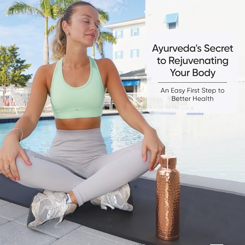 Hammered Copper Water Bottle 34 oz - Leak-Proof with Lid for Yoga, Gym, Travel