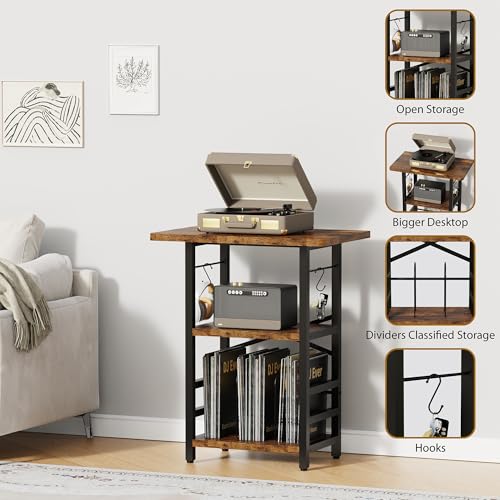 Record Player Stand with Vinyl Storage and Extended Desktop - Rustic Brown