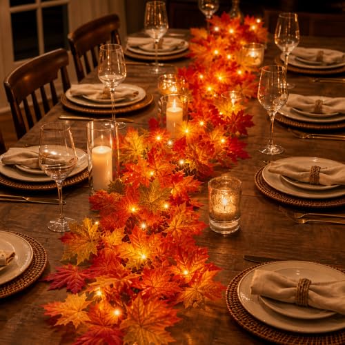 3-Pack Plug-In Fall Garland Lights with 50 Orange Incandescent Bulbs - 9FT Connectable Holiday Decor