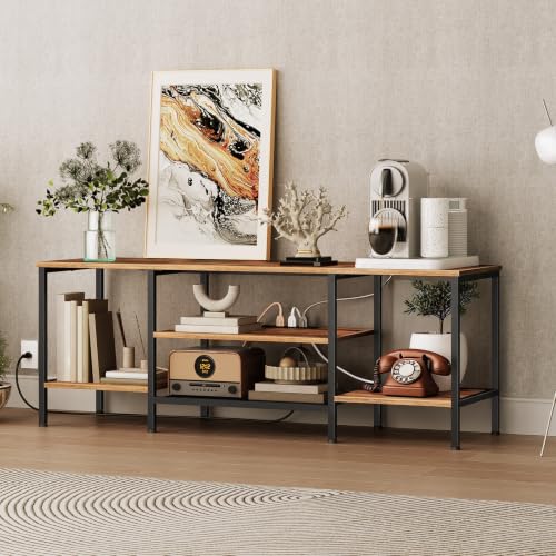 55 Inch Rustic Brown & Black TV Stand with Power Outlets, Open Shelves - Supports 65" TV