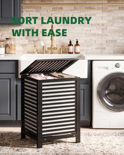 Black Double Laundry Hamper with Lid & Removable Liners, 120L Bamboo Storage Basket