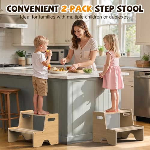 Wooden Toddler Step Stool 2-Pack Anti-Slip Potty Training Aid for Kids - Safe & Portable