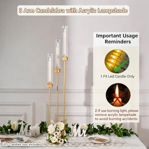 Vincidern 34in 2-Pack Gold 3-Arm Candelabra Centerpieces for Tables (Gold, 2 pcs)
