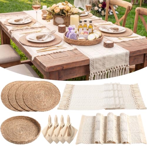 Gandeer 4 Sets Boho Table Runner & Placemats Set, White 12x72" - 4 Rectangular & 4 Round Placemats