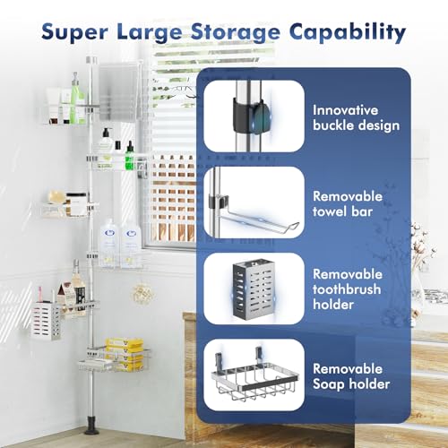 Silver Shower Caddy Corner Tension Pole with 6-Tier Stainless Steel Shelves Bathroom Organizer
