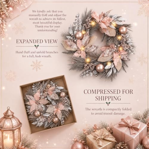 22-Inch Champagne Gold Christmas Wreath with Ornaments for Front Door