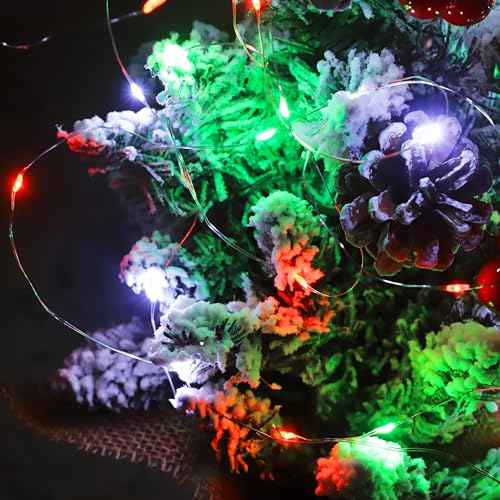 Christmas String Lights Red Green White Copper Wire, 2 Pack Total 200LED Fairy Lights Waterproof Twinkle Lights for Xmas, Bedroom, Garden, Patio, Outdoor Decor- Red White Green