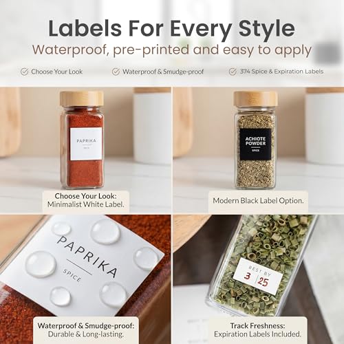 Square Glass Spice Jars with Bamboo Lids - 24 Pack, Labels, Shaker & Pepper Grinder Set