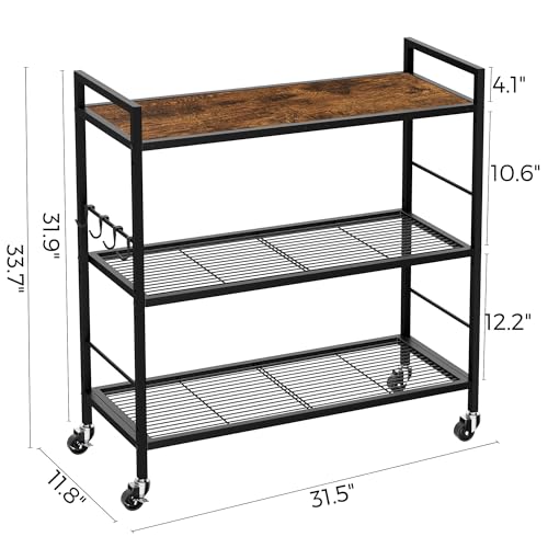 XIVIRACK Brown 3-Tier Metal Storage Rack with Wooden Top & Wheels, Adjustable Shelves, 31.5" Wide