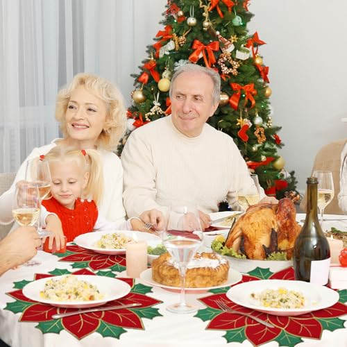 Ganeen 12 Pcs Christmas Poinsettia Placemats Set Embroidered Red