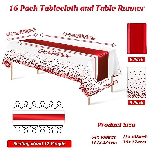 White and Red 16-Pack Disposable Plastic Tablecloths & Satin Table Runner Set for Weddings & Parties