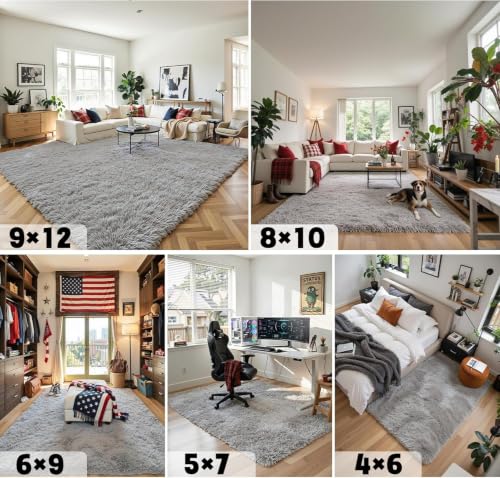 Light Grey 8x10 Shaggy Area Rug for Living Room - Soft Plush Furry Rug