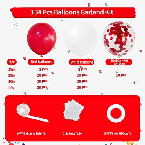 Red White Balloons Garland Kit 134 Pack Different Sizes 18/12/10/5 inch Matte Red Matte White Latex Balloons and Red Confetti Balloons for Wedding Birthday Party Accessory Arch Christmas Decoration