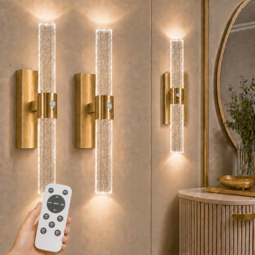 IRONPAX Wireless Rechargeable Wall Sconces Set of 2 - Brushed Gold with Bubble Crystal, Dimmable LED Lights with Remote, No Hardwiring Needed