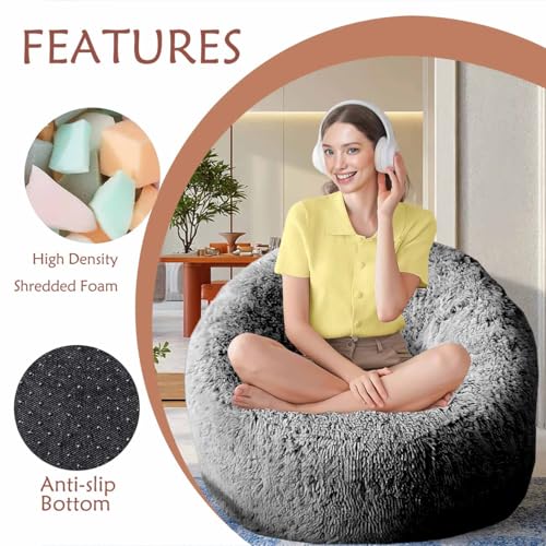 4 Foot Black Plush Faux Fur Bean Bag Chair with Memory Foam for Adults & Teens