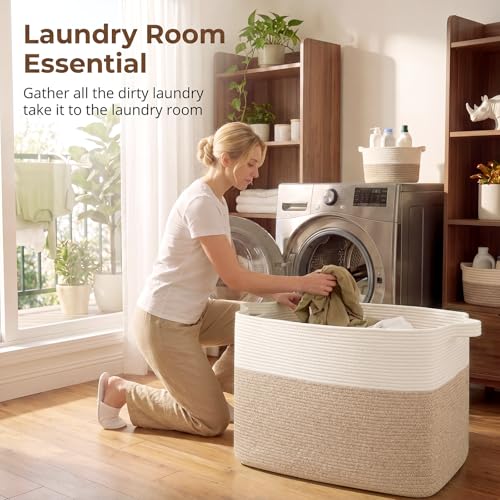Cotton Rope Storage Basket 108L for Living Room & Bedroom - Brown & White