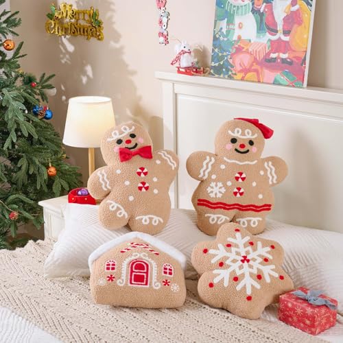Lanpn Christmas Gingerbread Boy Pillow - Seasonal Decorative Throw Cushion, 15.2x18.3 inch, Soft Fleece, Xmas Home Decor, Variation 01 Boy