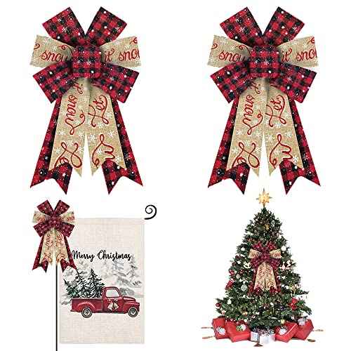 Hying 2PCS Christmas Bows for Wreath, Burlap Red Wreath Bows for Xmas D?cor Red Black Buffalo Plaid Winter Bow for Front Door Indoor Outdoor Wall Tree Topper Decoration Supplies Christmas Ornament