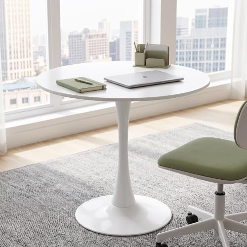 Trygoal White 31.5-Inch Mid-Century Tulip Round Dining Table with Metal Pedestal