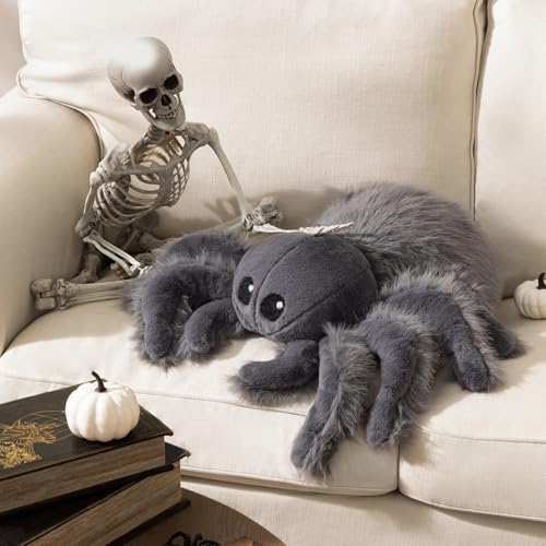 Grey Spider Shaped Throw Pillow - Faux Fur Halloween Decorative Cushion 22x16 in