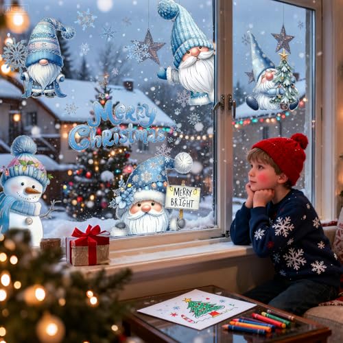 Christmas Gnome Window Clings – 9pk Blue Snowman Stickers for Glass & Mirrors