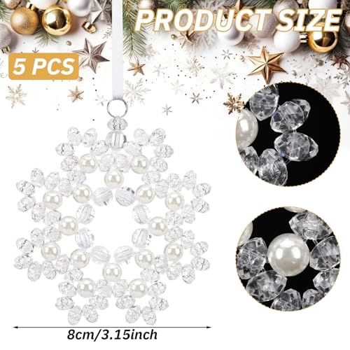 Halloscume 5 Pack Crystal Beaded Snowflake Christmas Ornaments, White