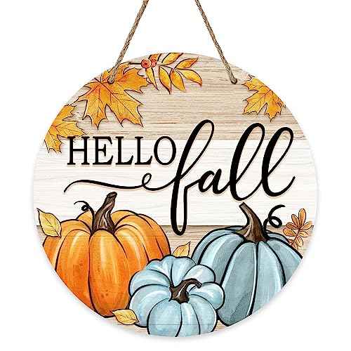 Deroro Hello Fall Teal Pumpkin Patch Front Door Sign, Autumn Maple Leaves Rustic Wood Door Hanger Outdoor Outside Porch Decor, Farmhouse Thanksgiving Wooden Wreath Indoor Wall Hanging Decoration