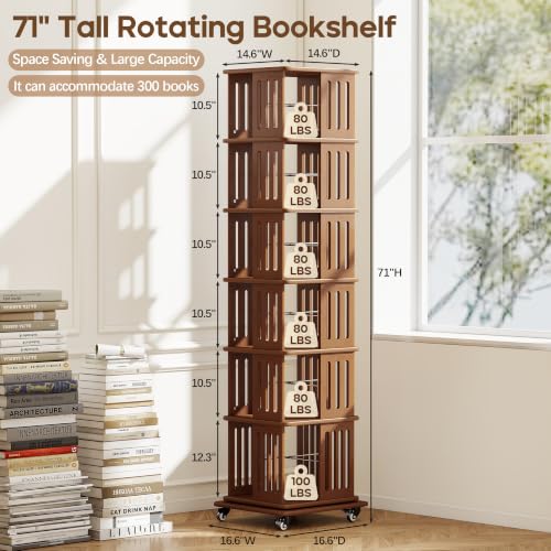60-Inch Rotating Bookshelf Tower with 5 Tiers, Walnut Finish, Spinning Bookcase