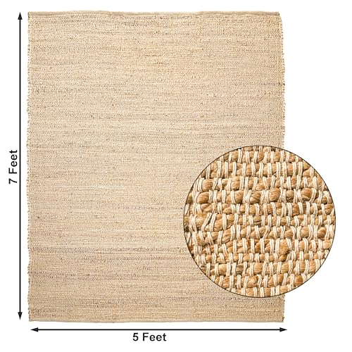Natural Jute Cotton Hand Woven Area Rug - 5' x 7' Rectangular - Boho Farmhouse Rustic Floor Covering