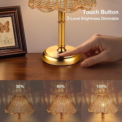 11-Inch Gold Mini Cordless Rattan Table Lamp with 5200mAh Battery - Dimmable Bedside & Dining Light