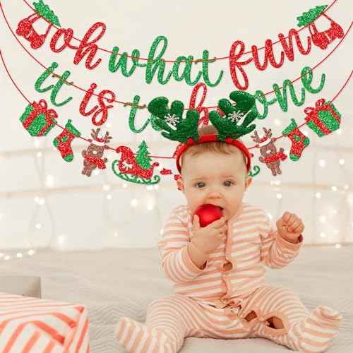 Qttier Oh What Fun It Is to Be One Banner, Pre-strung Christmas 1st Birthday Party Decorations, Red and Green Glitter
