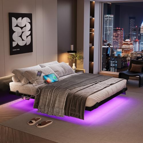 Floating Queen Bed Frame with LED RGB Lights & Charging Station - 14 Inch Modern Design