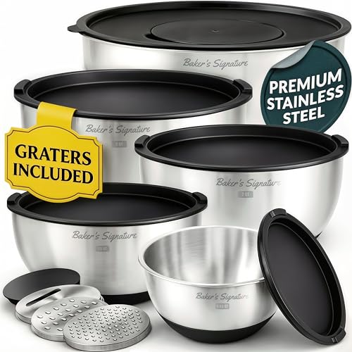 Black Stainless Steel Mixing Bowls Set of 5 with Lids & 3 Graters - Durable Kitchen Prep