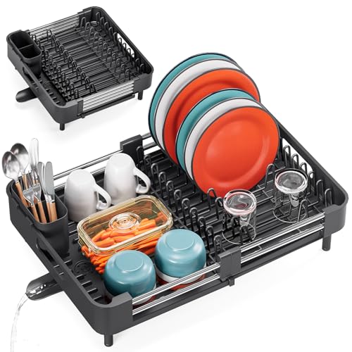 TOOLF Expandable Dish Drying Rack for Kitchen Counter - Black, Standard