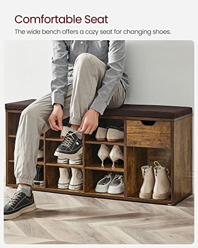 VASAGLE Rustic Brown Shoe Bench with Cushion and Storage, 10 Compartments - Brown + Chestnut Brown